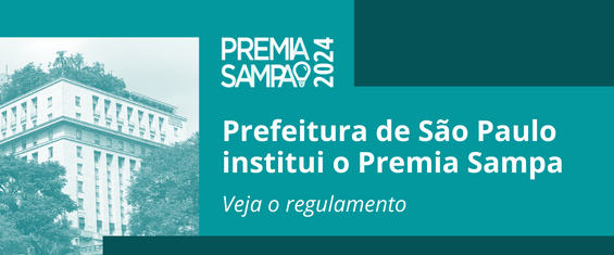 Imagem em fundo com tons em azul, logo premia sampa da cor branca, com as escritas Prefeitura de São Paulo institui o Premia Sampa, Veja o regulamento em branco