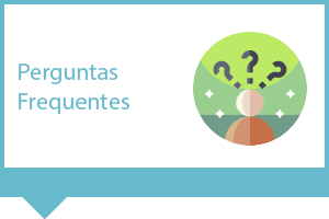 A arte possui fundo branco e detalhe nas laterais formando uma moldura na cor azul. No canto superior esquerdo está escrito em letras azuis Perguntas frequentes. À direita há um ícone de boneco com três interrogações sobre a cabeça.