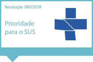 A arte possui fundo branco e detalhe nas laterais formando uma moldura na cor azul. No canto superior esquerdo está escrito em letras azuis Resolução 580/2018 - Prioridade para o SUS. À direita o símbolo do SUS.