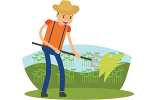 A imagem mostra o desenho de um agricultor usando chapéu de palha e segunrando um tridente em uma horta