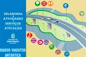 Desenho de viaduto com 3 carros em cima, no lado esquerdo escrito Zeladoria + Atividades + Serviços Ativação, logotipo da cidade de São Paulo + Baixos Viadutos Guaianases