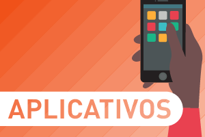 Banner com fundo laranja, com ilustração de uma mão segurando o celular e o texto Aplicativos dentro de um retângulo branco com ponta arredondada.