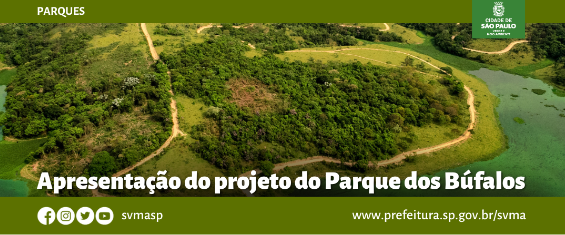 Imagem aérea do Parque dos Búafalos mostrando vegetação e o lago e os dizeres Apresentação do projeto do Parque dos Búfalos