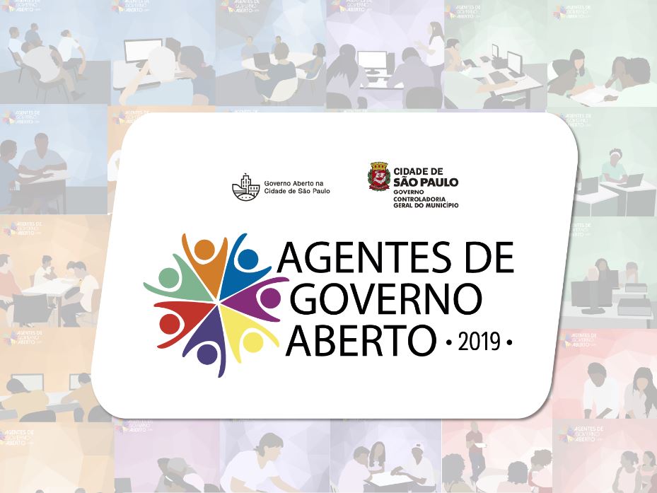 fundo com mosaico de imagens e no centro está o título Programa Agentes de Governo Aberto 2019, com os logos da CGM e da SAGA