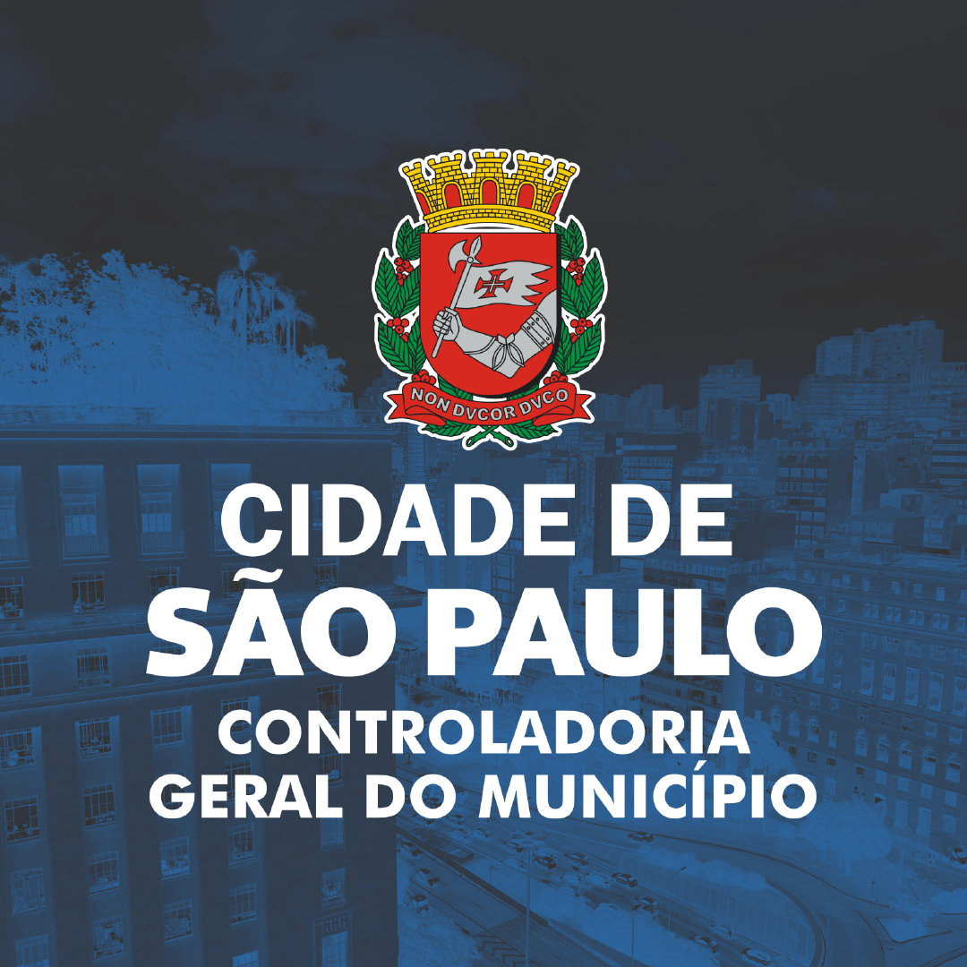 fundo azul com a imagem parcial do edifício Matarazzo, sede da Prefeitura de São Paulo. Em destaque o Brasão da Cidade de São Paulo/Controladoria Geral do Município