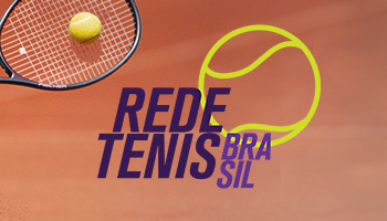 Na imagem, Logo da Rede Tênis de Brasil, com a raquete e uma bola de tênis logo atrás.