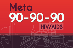 Banner com fundo vermelho e rodapé roxo. Título Meta 90-90-90 HIV/Aids em branco e roxo. Abaixo há um contorno em branco com os principais pontos da capital paulista