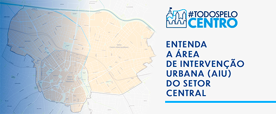 Mapa com degrade azul, com escrita ao lado: Entenda a Área de Intervenção Urbana do Setor Central