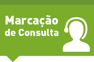 Descrição #PraCegoVer: Retângulo com fundo verde, com o texto "Marcação de Consulta" e ao lado direito o pictograma de uma pessoa com telefone headset.