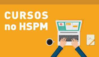 Ilustração com a frase "Cursos no HSPM" e a imagem de um notebook