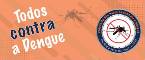 A arte apresenta um fundo laranja com detalhes de bolhinhas marrom nas bordas. A esquerda se tem o texto "Todos contra a dengue" em banco e azul, ao centro a ilustração do mosquito da dengue e a direita uma placa contra dengue.