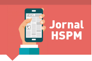 Descrição #PraCegoVer: Retângulo com fundo vermelho, com o texto "Jornal HSPM" e ao lado esquerdo uma ilustração de uma mão segurando um celular.
