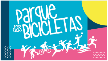 Na imagem, arte com a escrita "Parque das Bicicletas", logo abaixo bonecos praticando atividade física.