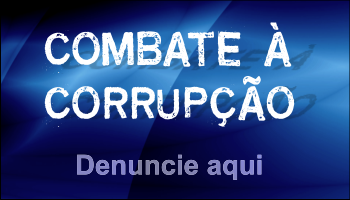 Imagem com fundo azul, ao centro texto Combate à Corrupção na cor branco e no rodapé Denuncie aqui na cor azul claro.