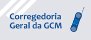 Imagem mostra a escrita “Corregedoria Geral da GCM” em letras na cor azul ao lado de um aparelho telefônico