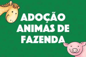 Num fundo verde com pegadas de cachorros está escrito Adoção de animais de fazenda. Há ilustração de um cavalo e um porco