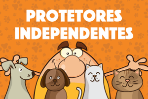 Num fundo laranja com ilustrações de pegadas de animais, está escrito Protetores Independentes. Há ilustração de dois cachorros, dois gatos e um protetor independente
