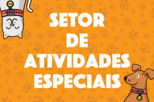Num fundo laranja com pegadas de cachorros está escrito Setor de Atividades Especiais. Há ilustração de um gato e um cachorro