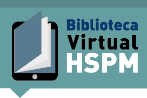 Descrição #PraCegoVer: Retângulo de fundo verde, com o texto "Biblioteca Virtual HSPM" e o pictograma de um livro eletrônico.