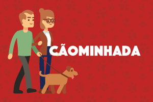 Arte possui fundo vermelho com ilustrações de pegadas de pets. Está escrito em letras brancas Cãominhada. Há ilustração de casal caminhando com um cachorro