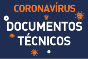 Fundo azul escuro com ilustrações do vírus sendo 4 em laranja e 2 circulos brancos. Está escrito coronavírus em letras laranjas e documentos técnicos em letras brancas