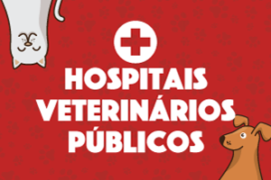 Num fundo vermelho, com pegadas de cachorros está escrito Hospitais Veterinários Públicos. Há ilustrações de gato e cachorro