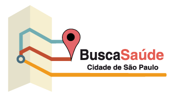 Logo do Busca Saúde está centralizado numa imagem em branco.Ele é composto por um mapa, e dele saem 3 caminhos. Em um deles há um alfinete, dando a ideia de destino para quem procura a Saúde. Busca Saúde está escrito em preto e vermelho.