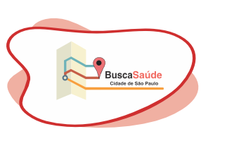 Arte possui fundo branco com detalhes em vermelho. Em letras vermelho e preta o texto diz Busca Saúde - Cidade de São Paulo. do lado esquerdo do texto há a ilustração de um símbolo de geolocalização.