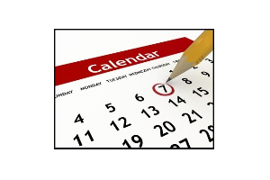 Imagem de um calendário com um lápis marcando o dia sete; fundo branco; faixa vermelha em cima escrito calendar