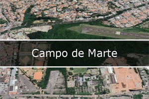 fotografia que mostra campo de marte tirada de cima, mostra área verde e urbana e no meio escrito Campo de Marte.