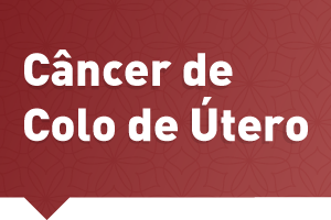 #PraCegoVer: arte possui fundo avermelhado e ilustrações em marca d'água que lembram flores. Sobre a arte está escrito em letras brancas: Câncer de colo de útero