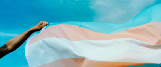 #PraTodosVerem Uma bandeira com as cores do arco-íris simbolizando o movimento da comunidade LGBTI+ está estendida, um braço segura uma das suas pontas em contraste com o céu azul