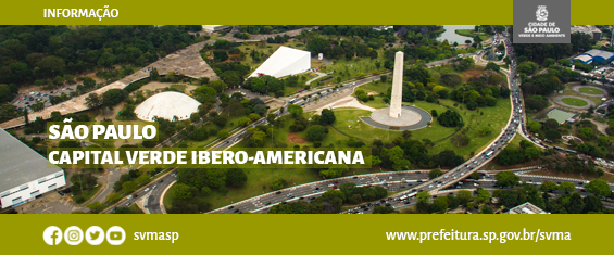 Imagem aérea do Parque Ibirapuera, onde se avista a Oca, o Auditório Ibirapuera e o Obelisco e grande área verde do parque no entorno. O título está à direita em letras brancas: "São Paulo - Capital Verde Ibero-Americana.