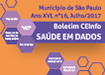 #PraCegoVer: fundo laranja, detalhes roxos, letras brancas escrito Boletim Ceinfo Saúde em dados