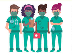 Ilustração de quatro enfermeiros vestidos de uniforme verde