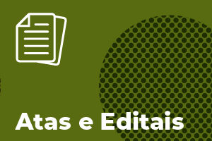 Um layour verde, acompanhado de uma textura de circulos do lado direito até a metade da imagem. O título "Atas e Editais" na parte inferior e a silhueta de um papel na superior.