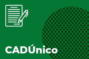 Um layour verde escuro, acompanhado de uma textura de circulos do lado direito até a metade da imagem. O título "CADÚnico" na parte inferior e a silhueta de um papel e uma caneta na superior.