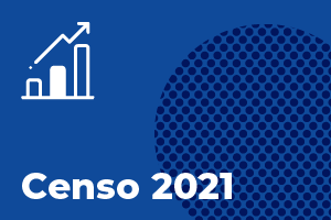 Um layour azul escuro, acompanhado de uma textura de circulos do lado direito até a metade da imagem. O título "Censo 2021" na parte inferior e a silhueta de um grafico grande na superior.