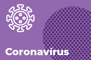 Um layour lilás, acompanhado de uma textura de circulos do lado direito até a metade da imagem. O título "Coronavírus" na parte inferior e a silhueta de vírus na superior.
