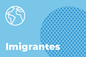 Um layour azul claro, acompanhado de uma textura de circulos do lado direito até a metade da imagem. O título "Imigrantes" na parte inferior e a silhueta de um globo na superior.