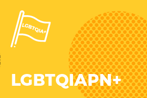 Um layour amarelo, acompanhado de uma textura de circulos do lado direito até a metade da imagem. O título "LGBTQIAPN+" na parte inferior e a silhueta de uma bandeira na superior.