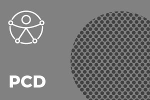 Um layour cinza, acompanhado de uma textura de circulos do lado direito até a metade da imagem. O título "PCD" na parte inferior e o simbolo PCD na superior.