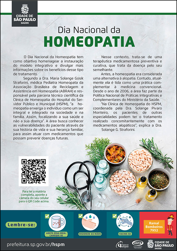 Cartaz com informações sobre o Dia Nacional da Homeopatia. No canto inferior direito há imagem de medicamentos alopáticos com alecrim ao redor.