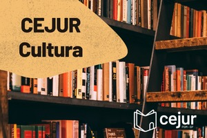 Imagem de fundo de prateleiras de uma biblioteca, com uma escada de madeira em frente. Logo do CEJUR Cultura no canto superior esquerdo e logo do CEJUR no canto inferior direito.