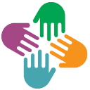Desenho de quatro mãos com os dedos voltados para o centro, uma mão de cada cor: roxa, verde, laranja e azul.