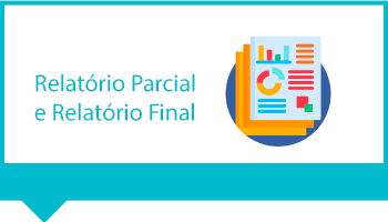 Fundo branco e detalhe nas laterais formando uma moldura na cor azul. À esquerda o texto em letras azuis diz Relatório parcial e relátorio final. À direita a ilustração de uma folha com gráficos.