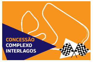 imagem com fundo laranja, que tem pista de corrida feita com linhas brancas, lado direito tem duas bandeiras de corrida e do lado direito triângulo roxo escrito Concessão Complexo Interlagos