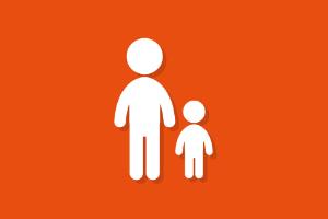 #imagem com o fundo laranja, e dois bonecos representando um adulto e uma criança