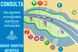 Desenho de viaduto com 3 carros em cima, no lado esquerdo tem faixa azul. escrito Consulta Pública, Zeladoria + Atividades + Serviços Ativação, logotipo da cidade de São Paulo e Baixos de Viadutos