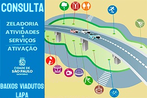 Desenho de viaduto com 3 carros em cima, no lado esquerdo escrito Consulta+ Zeladoria + Atividades + Serviços Ativação, logotipo da cidade de São Paulo + Baixos Viadutos Lapa